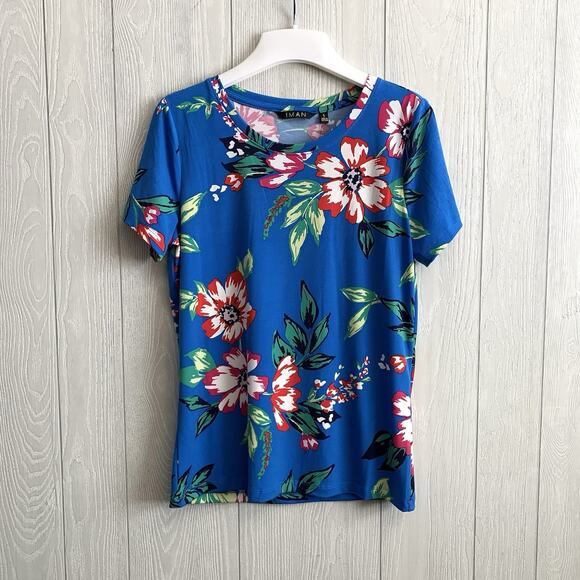 Iman Blue Floral Short Sleeve Top Small NWT - Picture 1 of 4